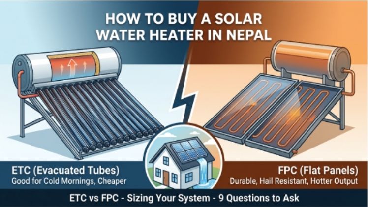 How to Buy a Solar Water Heater in Nepal: ETC vs FPC, Sizing, and 9 Questions to Ask Before You Pay